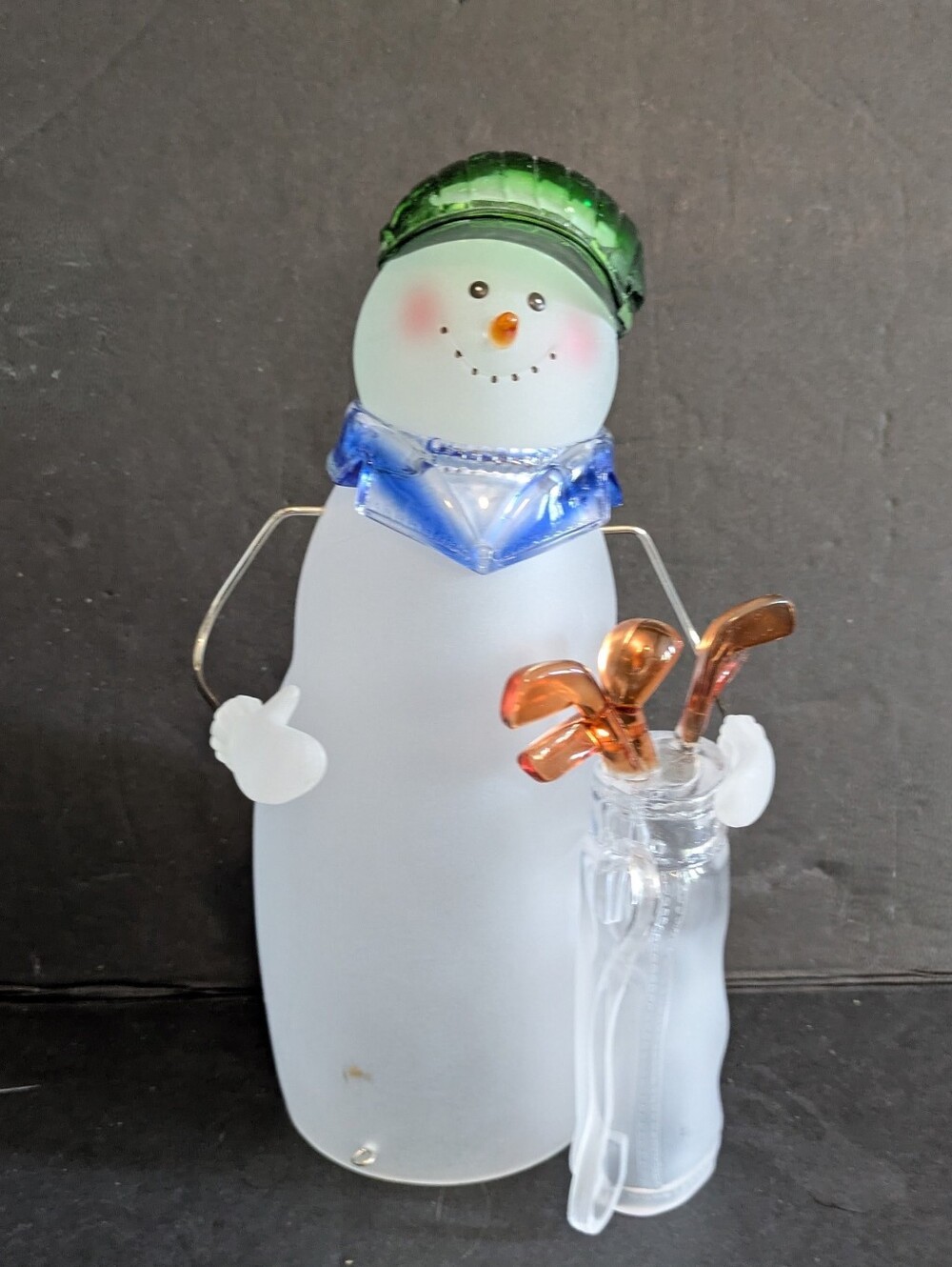 Golf Bag & Clubs Frosted Glass Snowman Figurine with Green Hat Blue Scarf